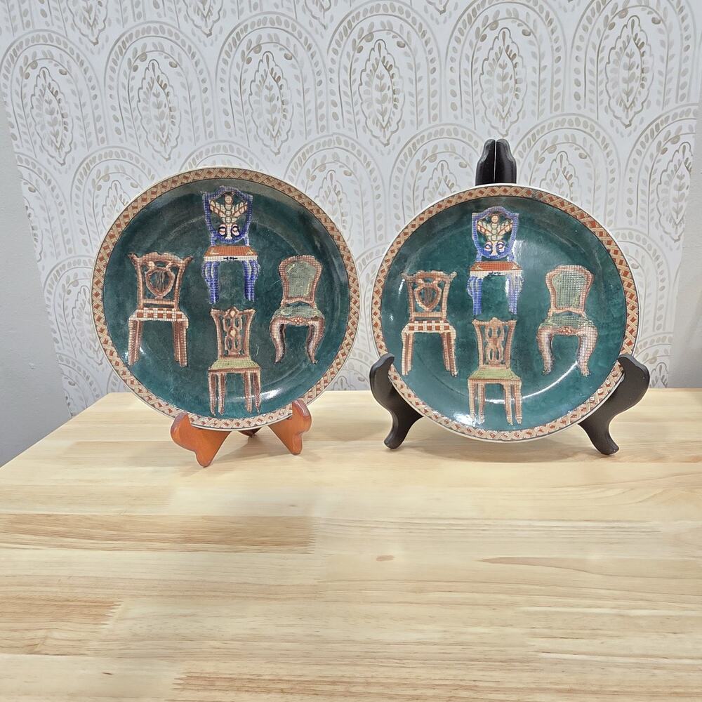 Set of 2 Decorative Wall Plates Vintage Ornate Throne Chairs Mosaic- Like Relief
